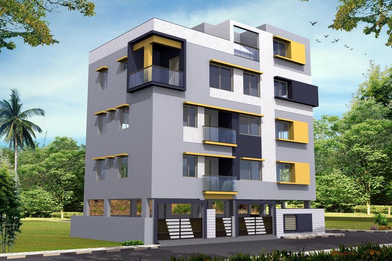 3D design render of a four-storey apartment building with grey and yellow façade